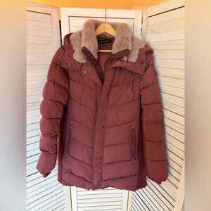 Andrew Marc Mauve Puffer Jacket with Sherpa-Lined Hood